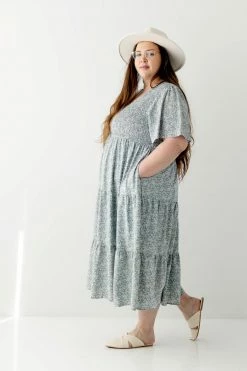 Polagram Extended 'Tasha' Floral Smocked Bodice Midi Dress In Dusty Blue FINAL SALE