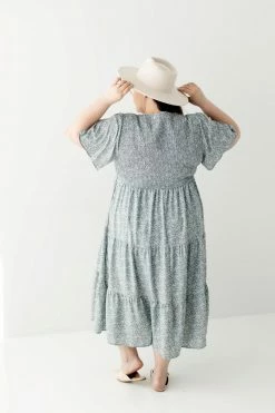 Polagram Extended 'Tasha' Floral Smocked Bodice Midi Dress In Dusty Blue FINAL SALE