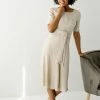 Gilli 'Sofia' Waist Tie Ribbed Midi Dress In Oatmeal
