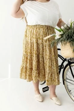 Hayden Los Angeles Extended 'Gianna' Botanical Print Midi Skirt In Mustard FINAL SALE