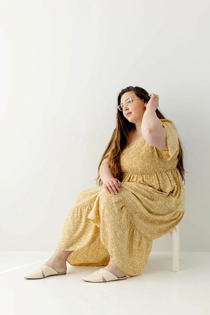 Polagram Dresses PLUS 'Tasha' Smocked Bodice Floral Midi Dress In Light Yellow FINAL SALE 2 Polagram Dresses PLUS 'Tasha' Smocked Bodice Floral Midi Dress In Light Yellow FINAL SALE