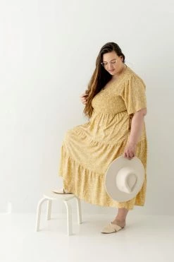 Polagram Dresses PLUS 'Tasha' Smocked Bodice Floral Midi Dress In Light Yellow FINAL SALE 6 Polagram Dresses PLUS 'Tasha' Smocked Bodice Floral Midi Dress In Light Yellow FINAL SALE