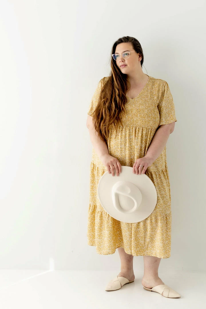 Polagram Dresses PLUS 'Tasha' Smocked Bodice Floral Midi Dress In Light Yellow FINAL SALE 1 Polagram Dresses PLUS 'Tasha' Smocked Bodice Floral Midi Dress In Light Yellow FINAL SALE