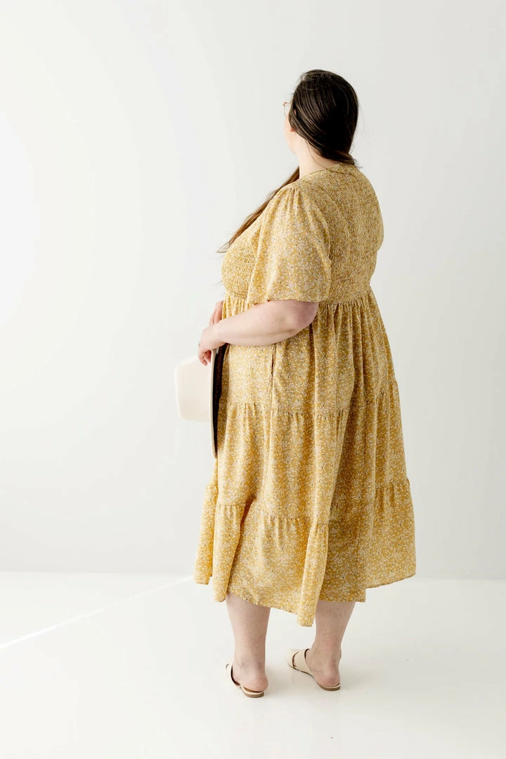 Polagram Dresses PLUS 'Tasha' Smocked Bodice Floral Midi Dress In Light Yellow FINAL SALE 4 Polagram Dresses PLUS 'Tasha' Smocked Bodice Floral Midi Dress In Light Yellow FINAL SALE