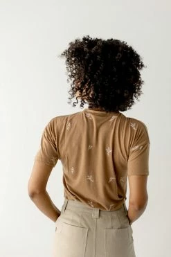 Polagram Tops/Cardigans 'Easton' Embroidered Leaf Print Top In Camel