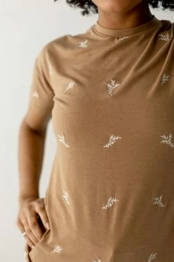Polagram Tops/Cardigans 'Easton' Embroidered Leaf Print Top In Camel