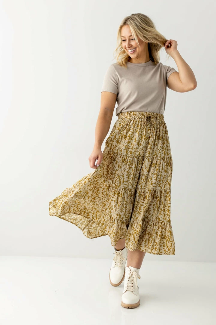 Hayden Los Angeles 'Gianna' Botanical Print Midi Skirt In Mustard FINAL SALE 1 Hayden Los Angeles 'Gianna' Botanical Print Midi Skirt In Mustard FINAL SALE