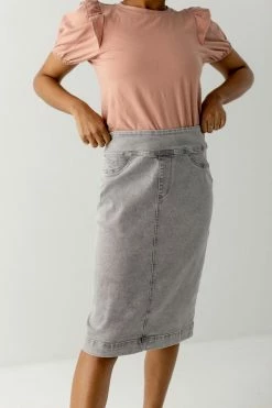 The Main Street Exchange Exclusive Designs 'Sara' Classic Knee Length Denim Skirt In Vintage Grey 9 The Main Street Exchange Exclusive Designs 'Sara' Classic Knee Length Denim Skirt In Vintage Grey