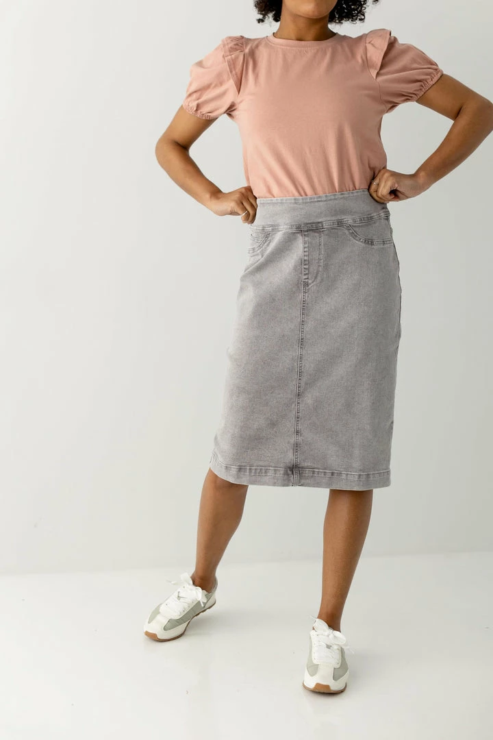 The Main Street Exchange Exclusive Designs 'Sara' Classic Knee Length Denim Skirt In Vintage Grey 1 The Main Street Exchange Exclusive Designs 'Sara' Classic Knee Length Denim Skirt In Vintage Grey