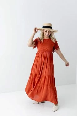 Polagram Dresses 'Hope' Lace Sleeve Maxi Dress In Rust