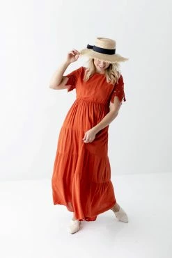 Polagram Dresses 'Hope' Lace Sleeve Maxi Dress In Rust