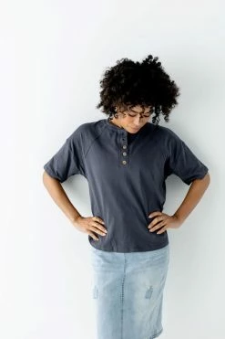 Polagram 'Larson' Button Front Top In Charcoal Tops/Cardigans