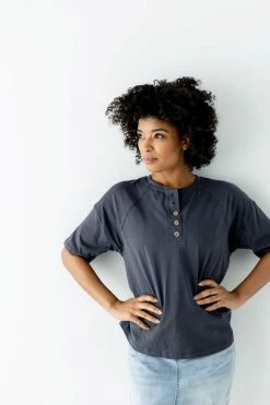 Polagram 'Larson' Button Front Top In Charcoal Tops/Cardigans