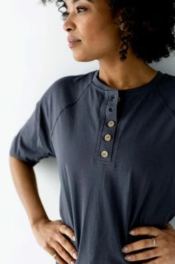 Polagram 'Larson' Button Front Top In Charcoal Tops/Cardigans