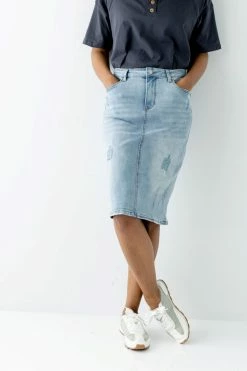 The Main Street Exchange 'Sierra' Distressed Denim Skirt In Light Wash
