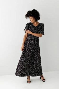 The Main Street Exchange 'Esther' Ditsy Floral Maxi Dress In Black Summer Collection