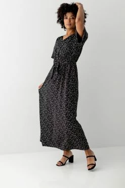 The Main Street Exchange 'Esther' Ditsy Floral Maxi Dress In Black Summer Collection