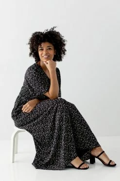 The Main Street Exchange 'Esther' Ditsy Floral Maxi Dress In Black Summer Collection