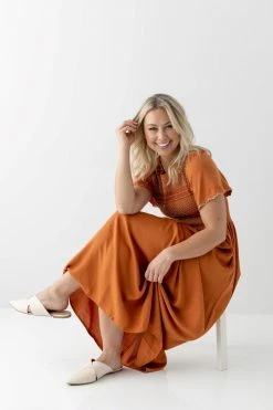 Polagram Dresses 'Lucian' Smocked Bodice Maxi Dress In Cognac FINAL SALE