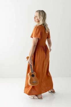 Polagram Dresses 'Lucian' Smocked Bodice Maxi Dress In Cognac FINAL SALE