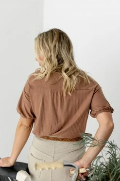 Gilli 'Devon' Ribbed Button Down Top In Mocha FINAL SALE Tops/Cardigans