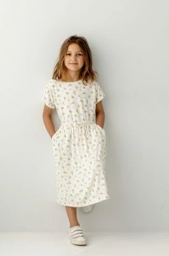 The Main Street Exchange 'Annika' Girl Ribbed Tie Dress In Yellow Ditsy Floral