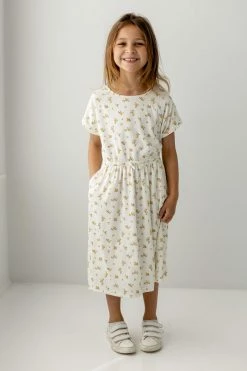 The Main Street Exchange 'Annika' Girl Ribbed Tie Dress In Yellow Ditsy Floral