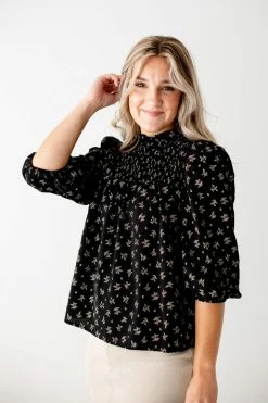 Polagram 'Madison' Mock Neck Smocked Print Top In Black