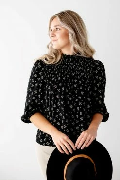 Polagram 'Madison' Mock Neck Smocked Print Top In Black