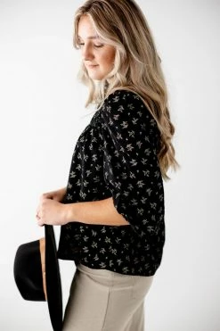 Polagram 'Madison' Mock Neck Smocked Print Top In Black