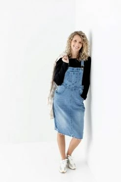 The Main Street Exchange 'Jadyn' Distressed Denim Overall Dress In Medium Wash Lancaster Collection