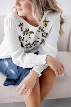 The Main Street Exchange Lancaster Collection 'Novella' Floral Embroidery Blouse In White