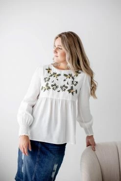 The Main Street Exchange Lancaster Collection 'Novella' Floral Embroidery Blouse In White
