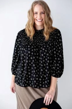 Polagram 'Madison' Mock Neck Smocked Print Top In Black