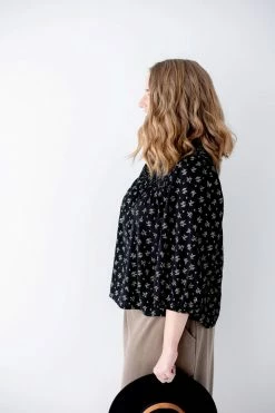 Polagram 'Madison' Mock Neck Smocked Print Top In Black