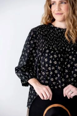 Polagram 'Madison' Mock Neck Smocked Print Top In Black