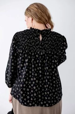Polagram 'Madison' Mock Neck Smocked Print Top In Black