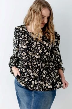 Hayden PLUS 'Eileen' Square Neck Floral Blouse In Black FINAL SALE