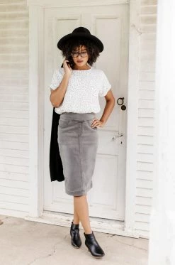 THE MAIN STREET EXCHANGE 'Sara' Classic Knee Length Denim Skirt In Charcoal FINAL SALE Exclusive Designs