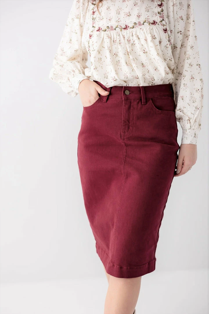 The Main Street Exchange 'Leah' Vintage Denim Skirt In Burgundy 2 The Main Street Exchange 'Leah' Vintage Denim Skirt In Burgundy