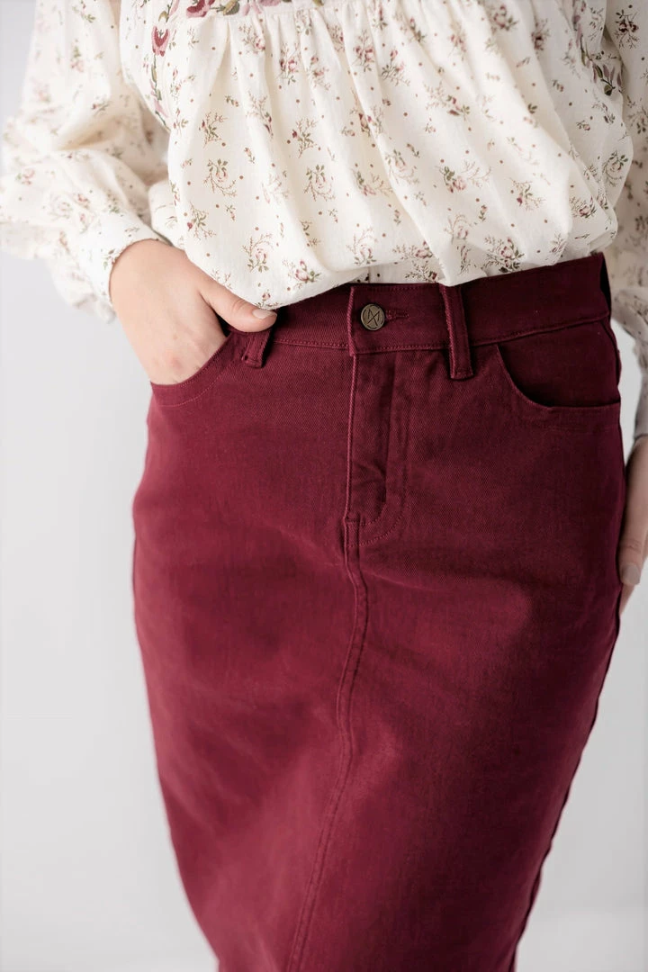 The Main Street Exchange 'Leah' Vintage Denim Skirt In Burgundy 3 The Main Street Exchange 'Leah' Vintage Denim Skirt In Burgundy