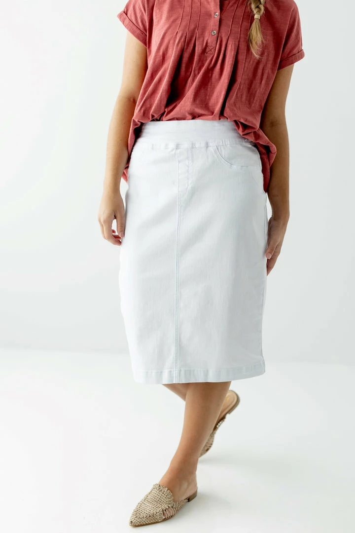 The Main Street Exchange 'Sara' Classic Knee Length Denim Skirt In White Exclusive Designs 3 The Main Street Exchange 'Sara' Classic Knee Length Denim Skirt In White Exclusive Designs