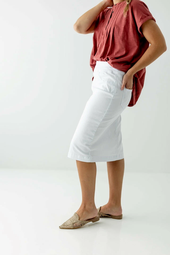 The Main Street Exchange 'Sara' Classic Knee Length Denim Skirt In White Exclusive Designs 4 The Main Street Exchange 'Sara' Classic Knee Length Denim Skirt In White Exclusive Designs