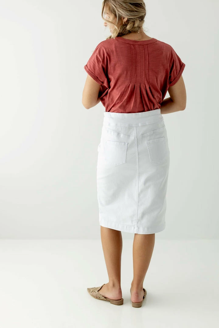 The Main Street Exchange 'Sara' Classic Knee Length Denim Skirt In White Exclusive Designs 5 The Main Street Exchange 'Sara' Classic Knee Length Denim Skirt In White Exclusive Designs
