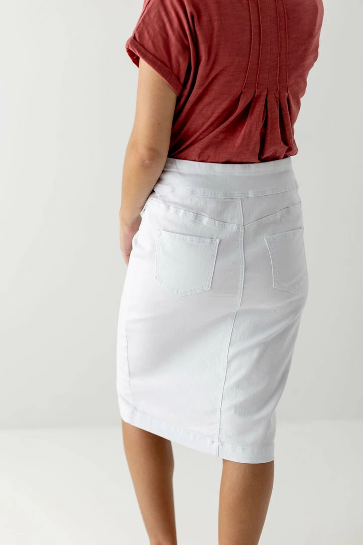 The Main Street Exchange 'Sara' Classic Knee Length Denim Skirt In White Exclusive Designs 6 The Main Street Exchange 'Sara' Classic Knee Length Denim Skirt In White Exclusive Designs