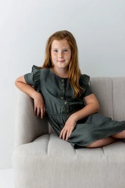 The Main Street Exchange Lancaster Collection 'Bridgette' Girl Ruffle Detail Dress In Olive