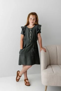 The Main Street Exchange Lancaster Collection 'Bridgette' Girl Ruffle Detail Dress In Olive