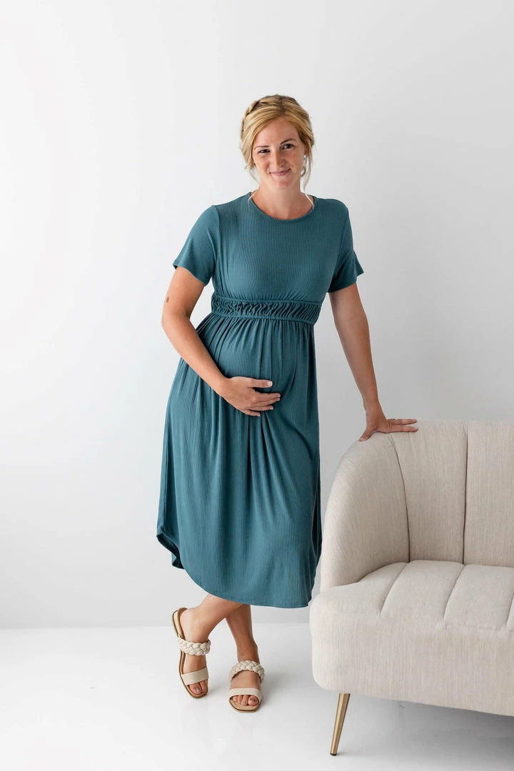 RK Apparel 'Atlee' Elastic Waist Ribbed Maternity Dress In Teal 1 RK Apparel 'Atlee' Elastic Waist Ribbed Maternity Dress In Teal