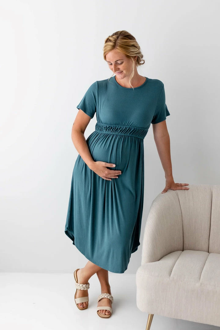 RK Apparel 'Atlee' Elastic Waist Ribbed Maternity Dress In Teal 2 RK Apparel 'Atlee' Elastic Waist Ribbed Maternity Dress In Teal