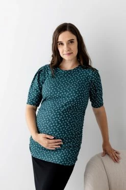 Hello Miz 'Selena' Floral Ribbed Maternity Top In Teal Summer Collection